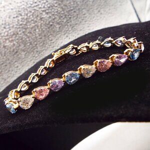 LOVELY PASTEL 5 COLORS TEARDROP CRYSTALS 17 GR. STERLING GOLD VERMEIL BRACELET 3